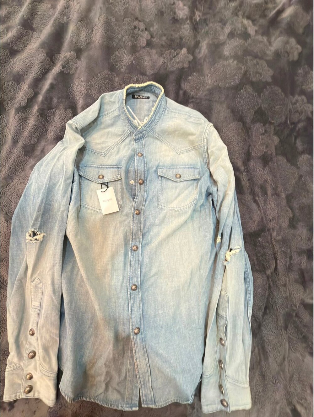 Balmain Light Blue Denim Shirt with Button Details and Dist-